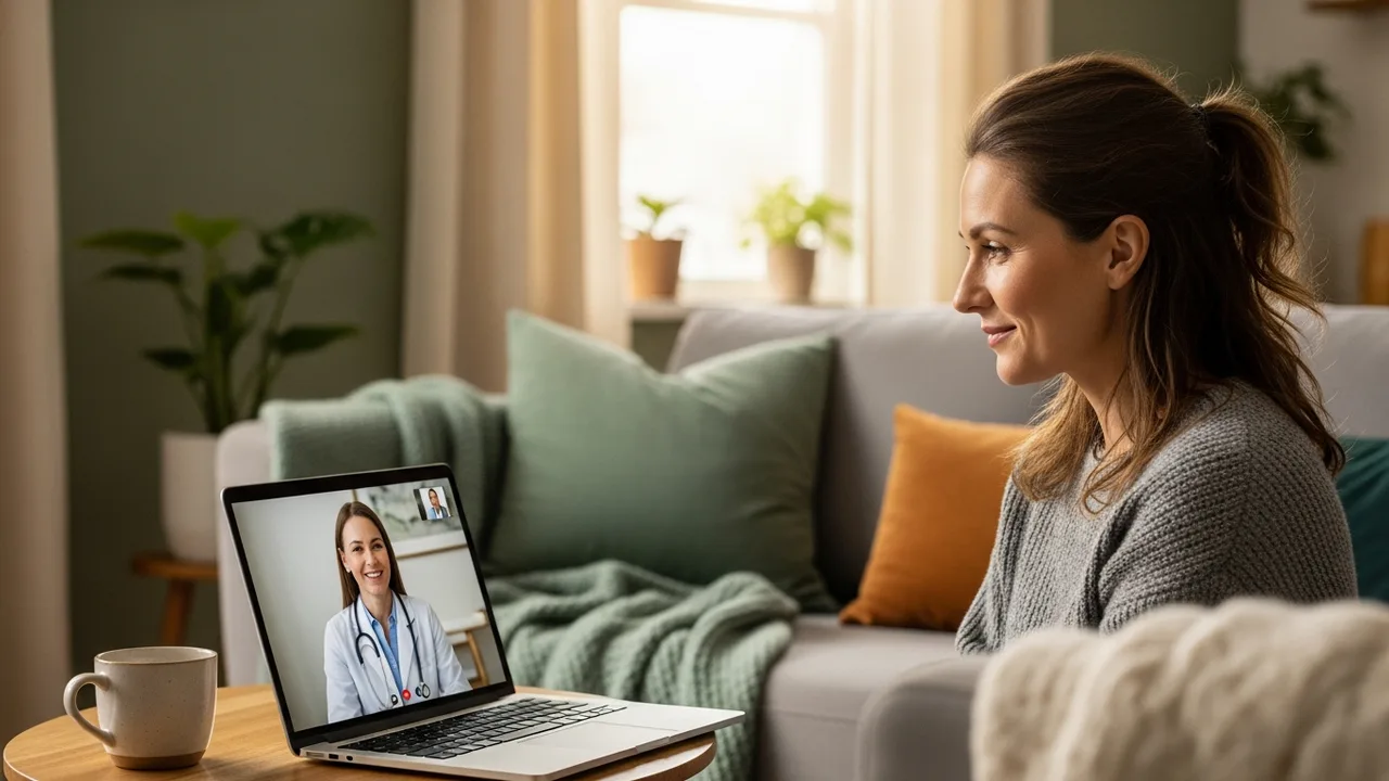 Woman having a calm video telehealth visit with a women's-health clinician at home, representing an Amwell menopause consultation
