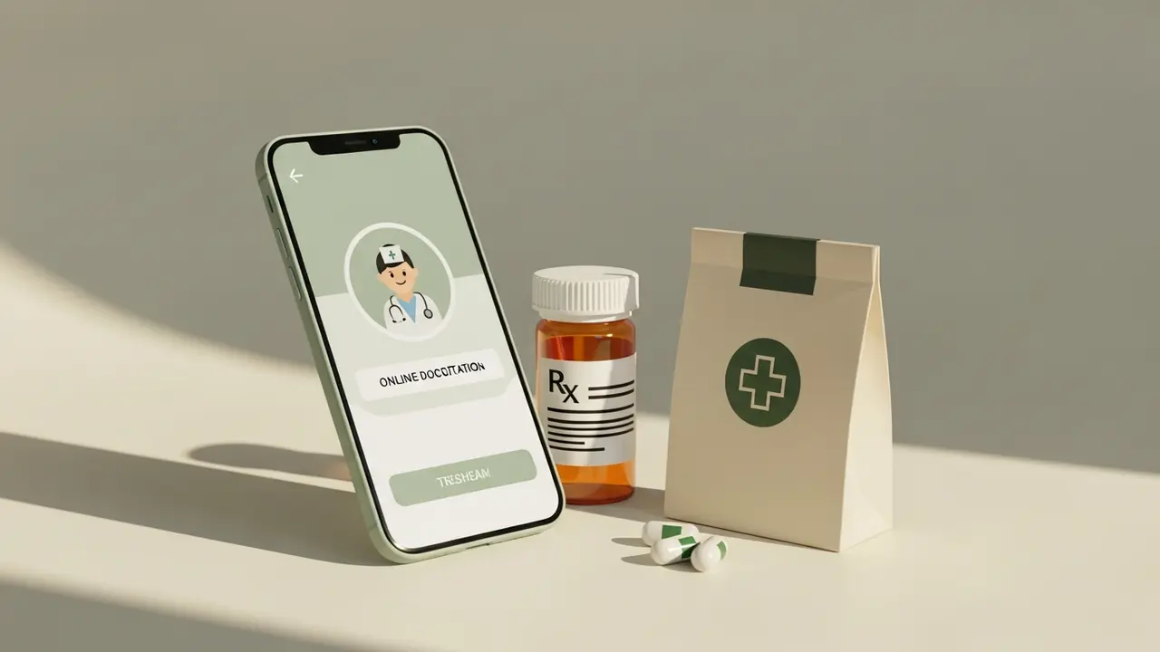 Smartphone showing a fast telehealth video visit next to a prescription bottle, representing CallOnDoc's low-cost online doctor model
