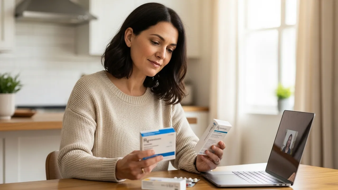 Woman comparing Alloy's paroxetine and Veozah medication options at home during a telehealth visit