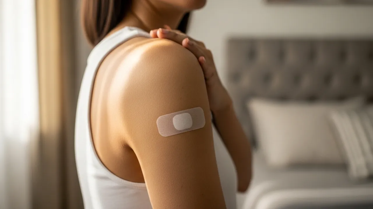 Transdermal estradiol patch applied to the skin, the FDA-approved form Hers prescribes for menopause hormone therapy