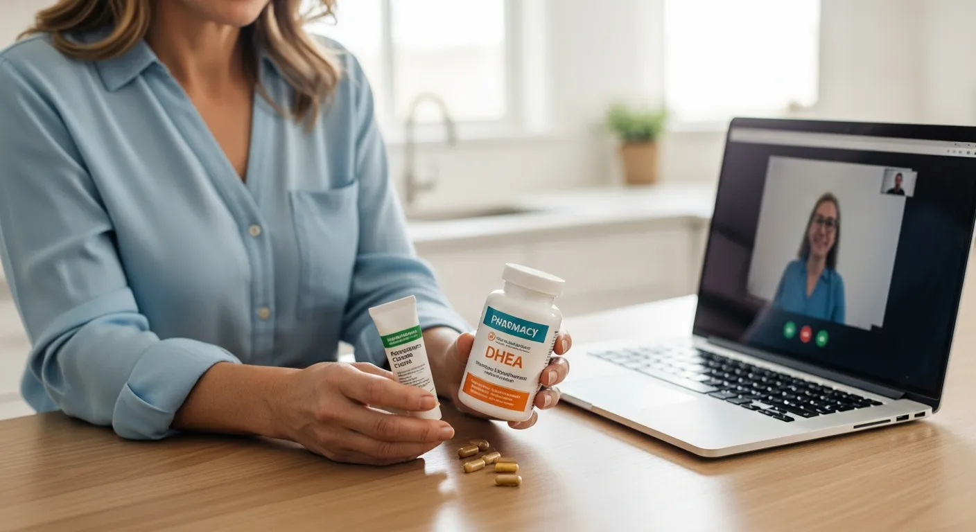 Oral DHEA supplement bottle and prescription cream reviewed during an online menopause hormone therapy consultation