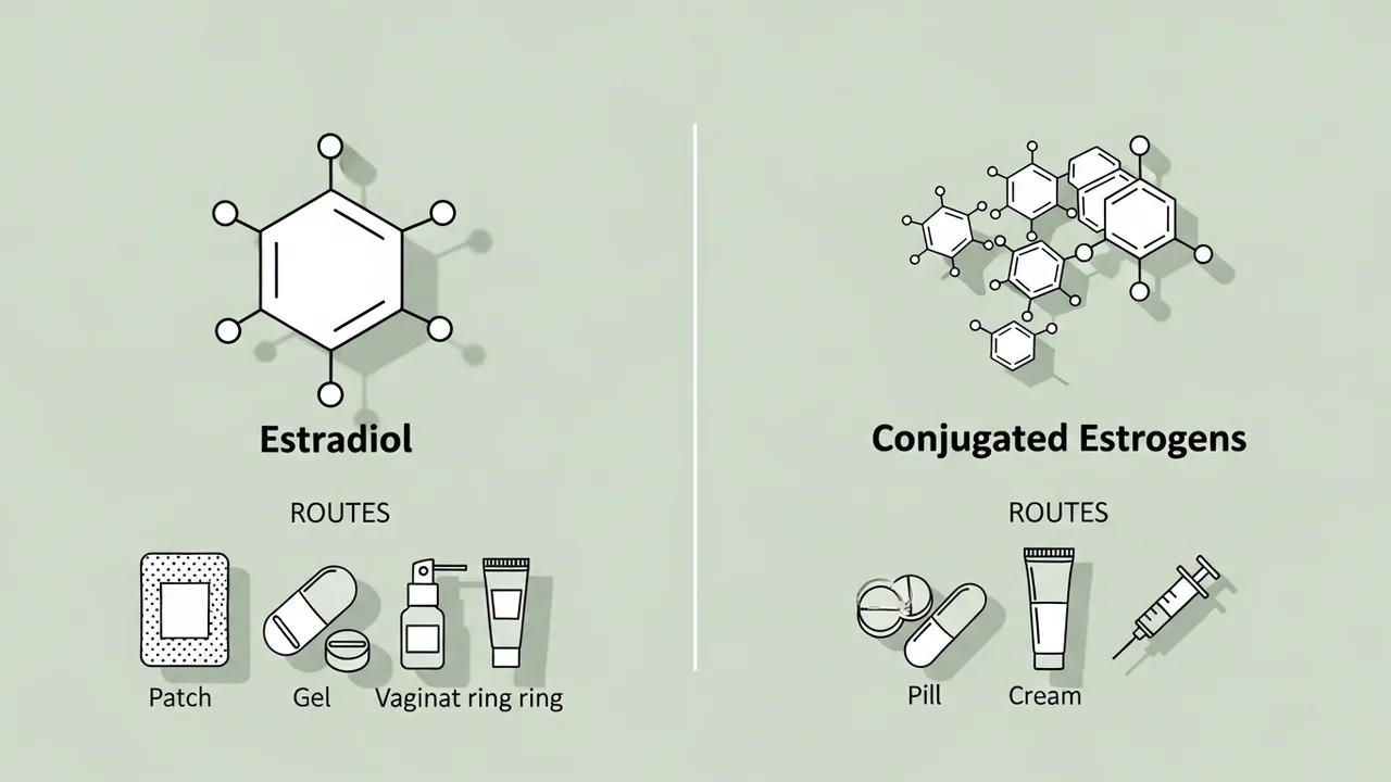 Estradiol vs Premarin comparison showing the single estradiol molecule beside the conjugated estrogens mixture, with patch, pill, gel and vaginal cream routes
