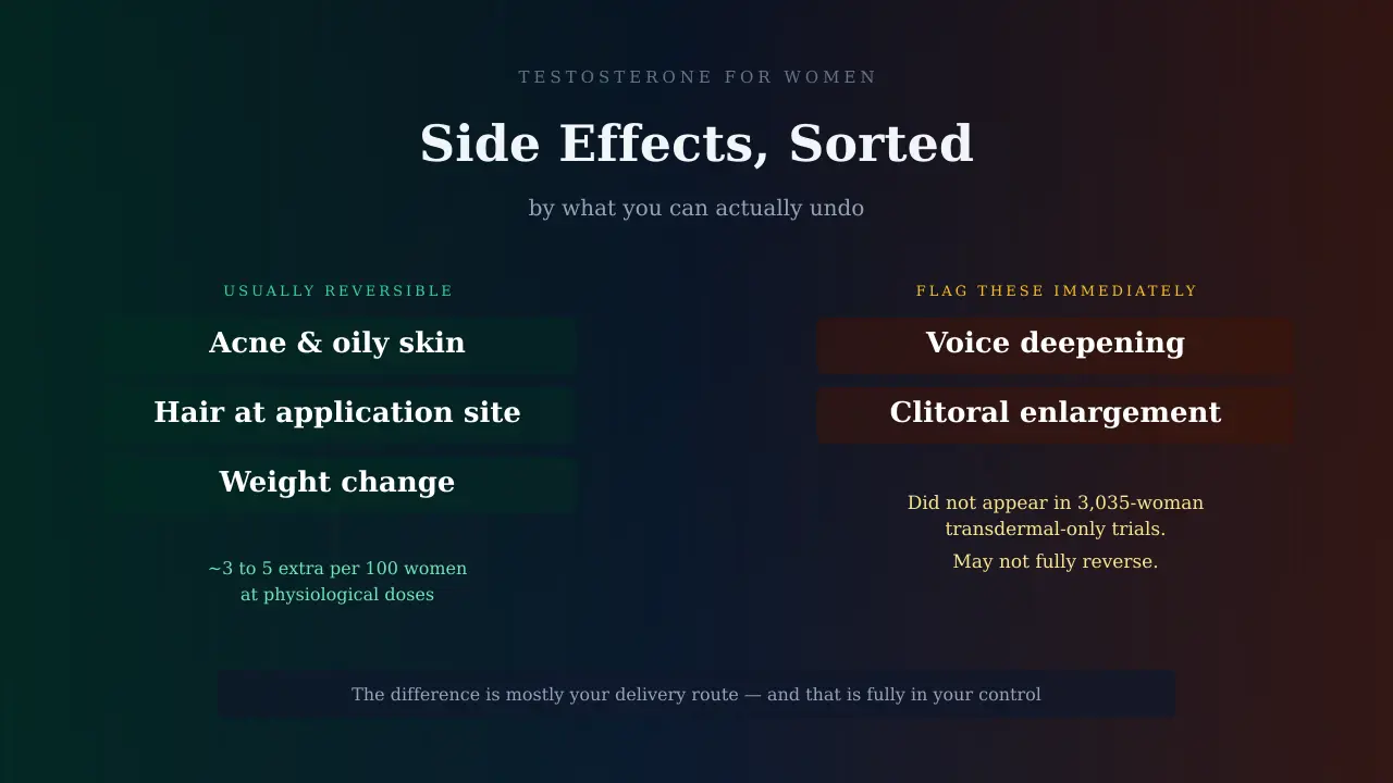 Testosterone side effects for women sorted by reversibility: acne and hair growth reverse; voice deepening and clitoral enlargement may not