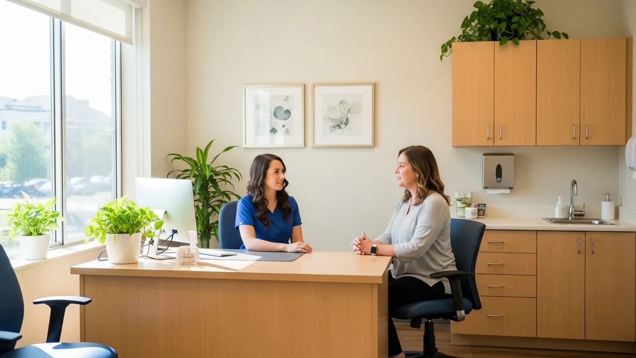 Woman having a calm in-person consultation with a women's-health nurse practitioner at a Tia clinic exam room